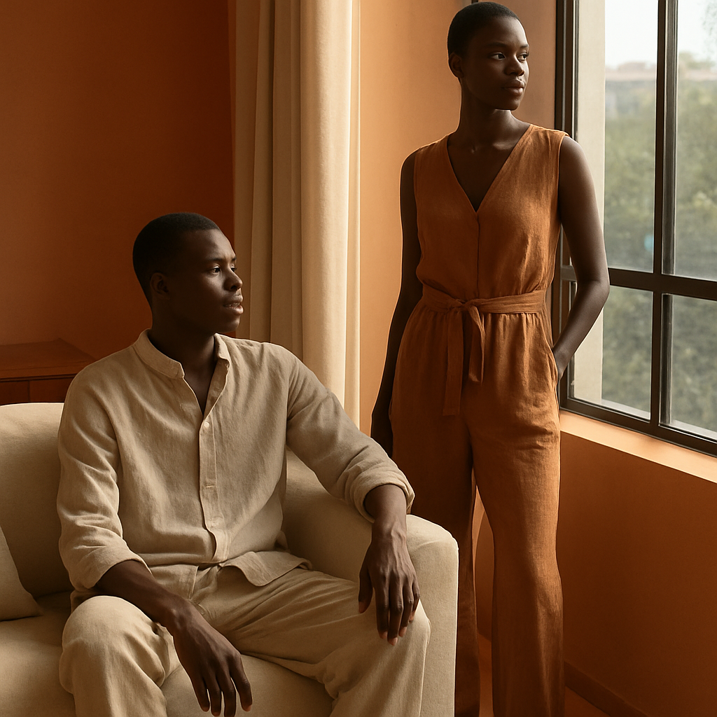 Models relaxing in a warm, sunlit Nairobi apartment wearing earth-toned outfits